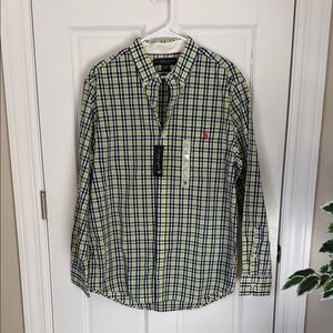 U.S. Polo Assn. Lime Green & Navy Gingham Check Button-Down Shirt Size Large